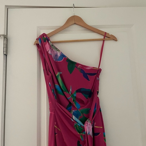 Boston Proper Watercolor Abstract Print One Shoulder Tie Waist Knit Midi Dress - Picture 9 of 9